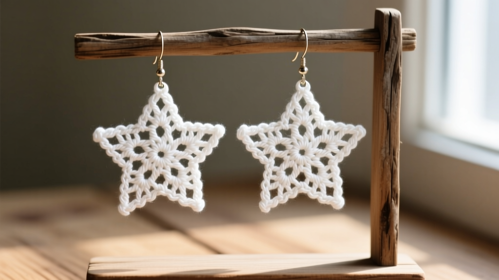 Close-up of white mercerized cotton crochet star earrings hanging from a rustic wooden jewelry display in soft natural sunlight