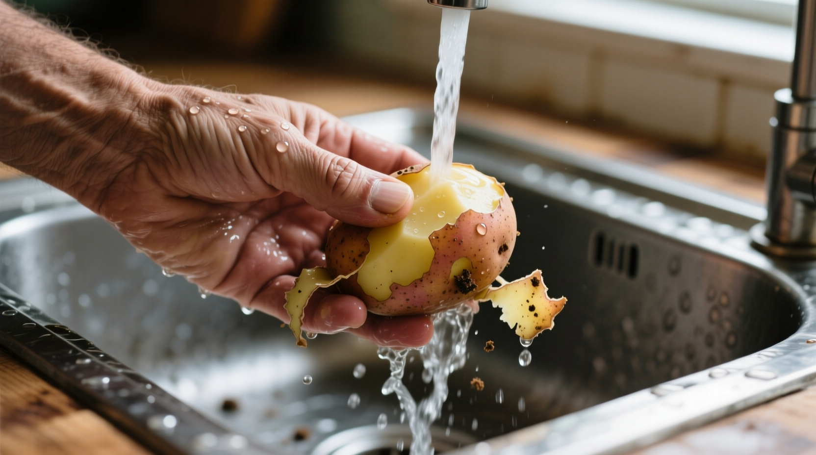 Hand scrubbing potatoes under running water