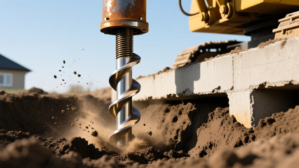 Hydraulic torque motor driving a galvanized steel helical pier into dense clay beside an excavated residential concrete footing