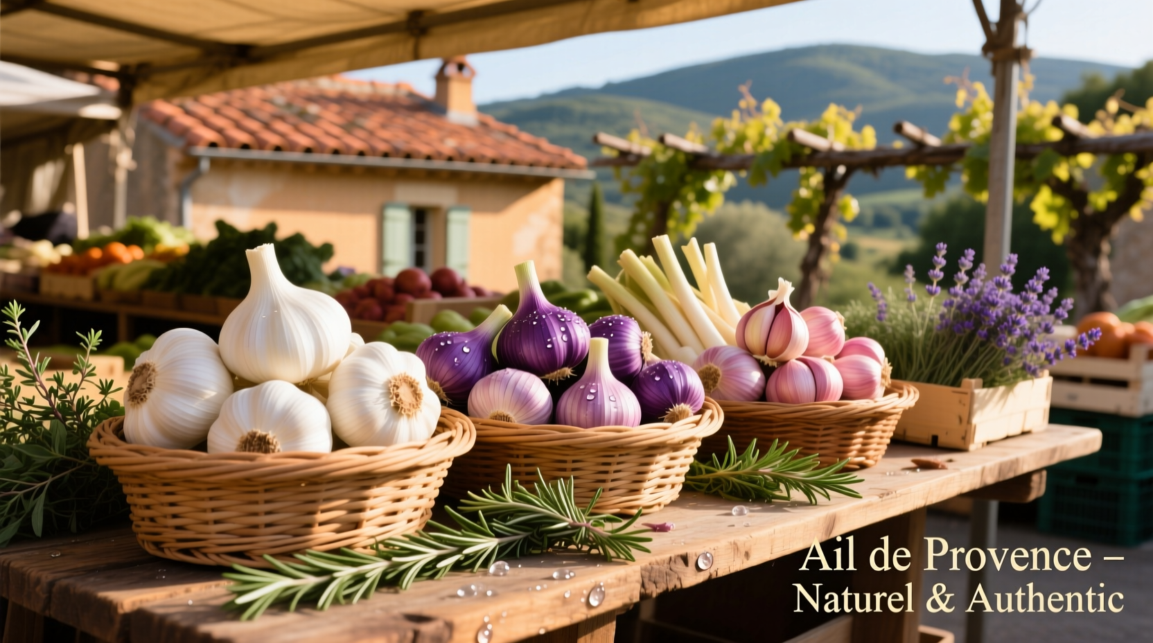 French garlic varieties displayed at a Provence market