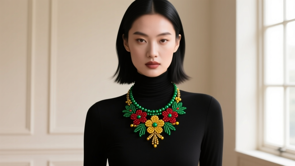 Fashion editorial shot of a model wearing a black turtleneck layered with a vibrant Woodlands floral beaded bib necklace.