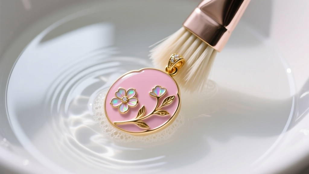 Overhead view of a mild soapy water bath with a soft bristle brush cleaning a delicate pink enamel and gold vermeil pendant
