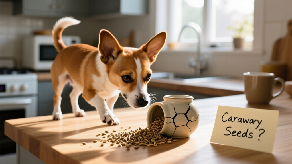 A curious small-breed dog sniffing at a spilled handful of caraway seeds on a kitchen counter