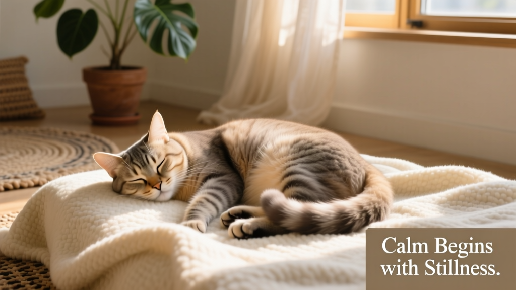 A calm, relaxed cat sitting peacefully on a soft blanket, eyes half-closed, tail gently curled