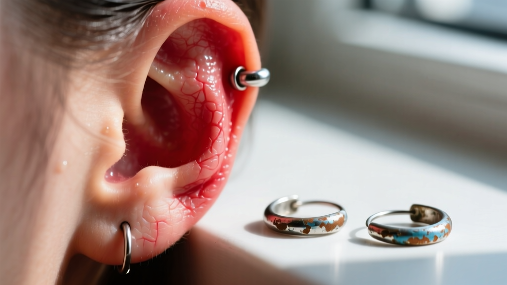 Macro shot of an inflamed earlobe piercing with redness, resting beside a pair of discarded, low-quality alloy hoop earrings.