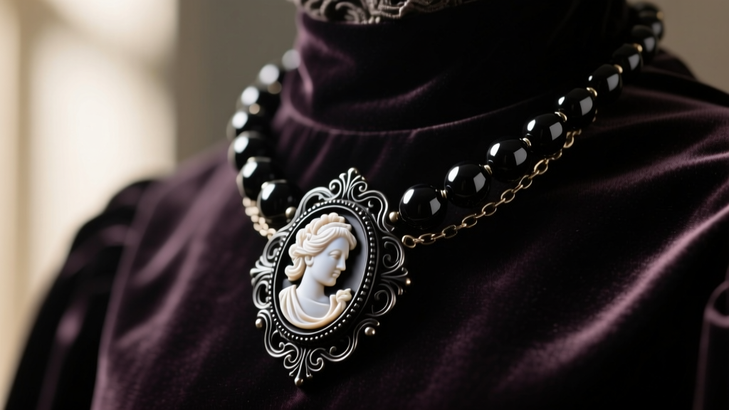 Close-up of a Victorian mourning necklace featuring carved genuine Whitby jet beads and a central cameo, resting on dark velvet