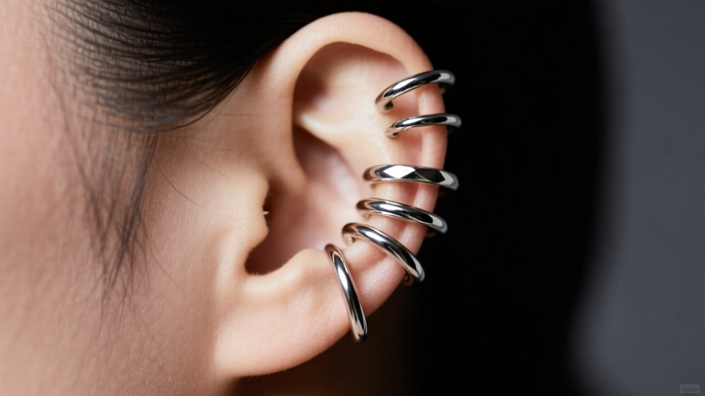 Side profile of a curated ear stack featuring 16-gauge silver double hoop earrings on the helix, against a softly blurred dark background.