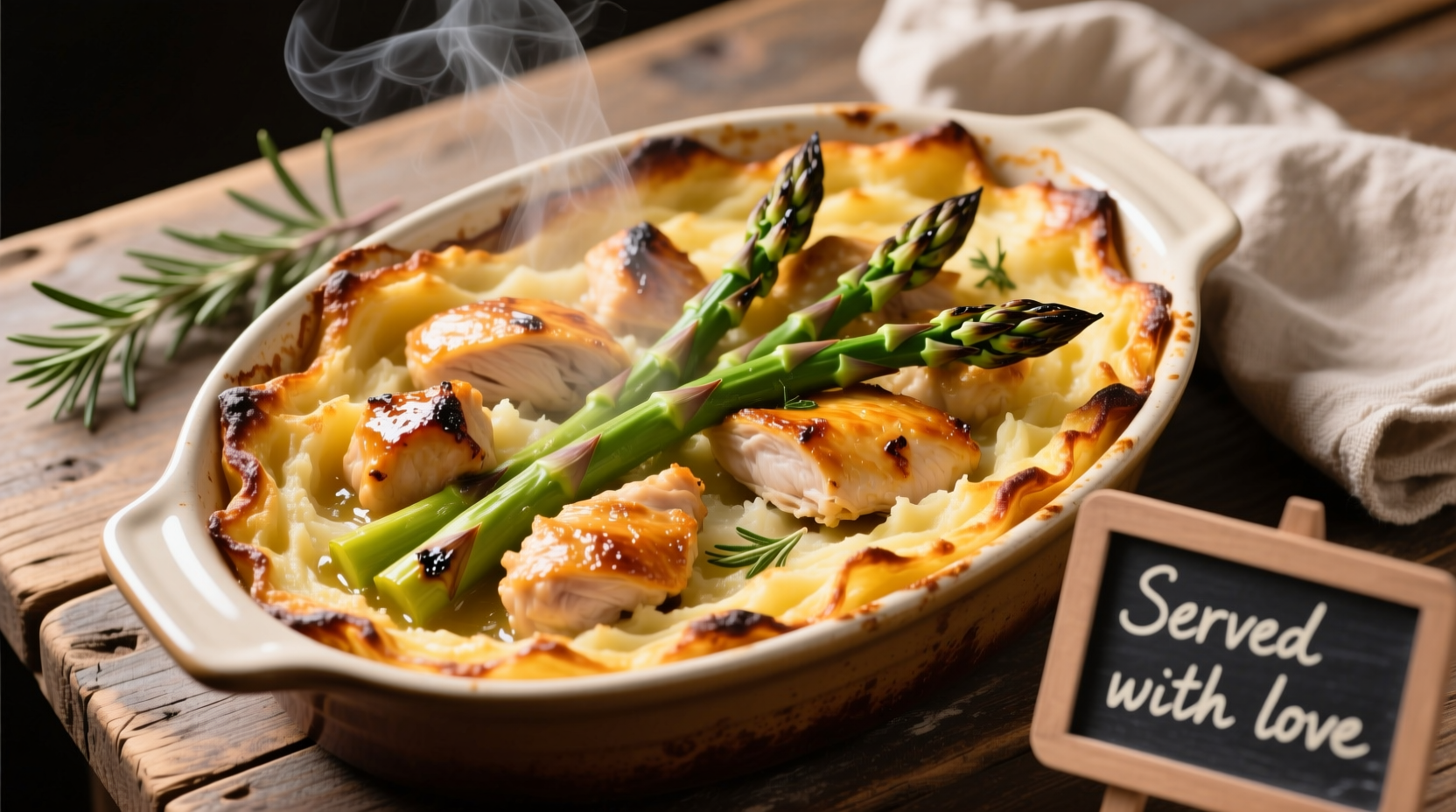Potato bake with roasted chicken and asparagus
