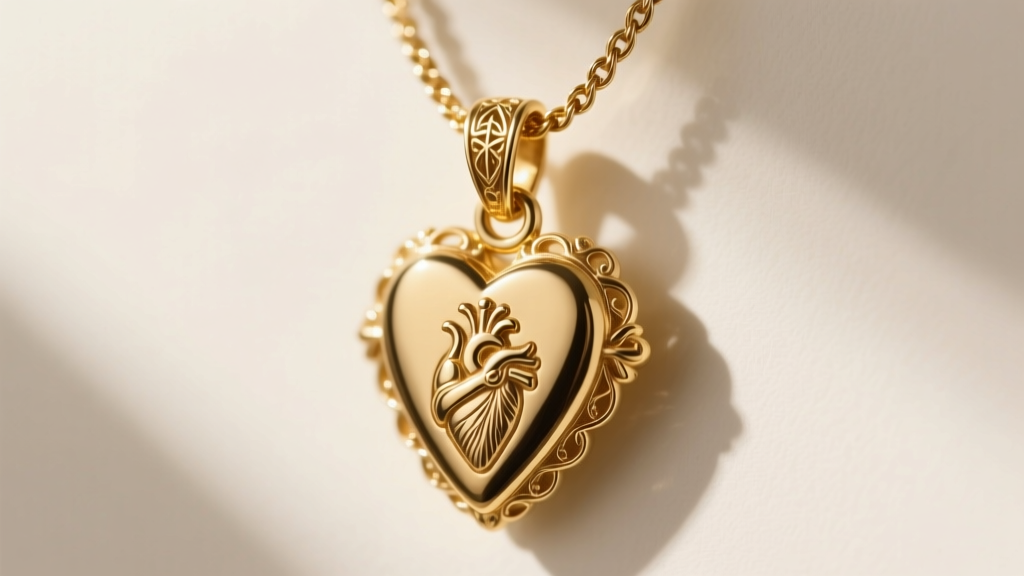 Macro shot of a gold sacred heart pendant bail on a 1.5mm rope chain, highlighting the intricate metal texture and secure clasp.