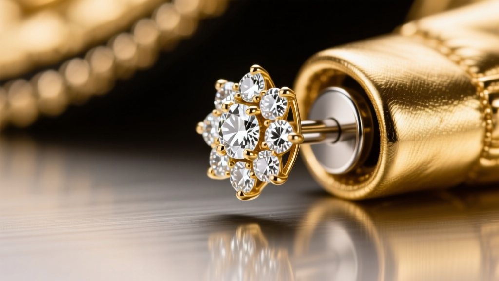 Macro shot of an 18k gold diamond jacket sliding onto a 20-gauge stud post, bright studio lighting, sharp focus on melee stones.