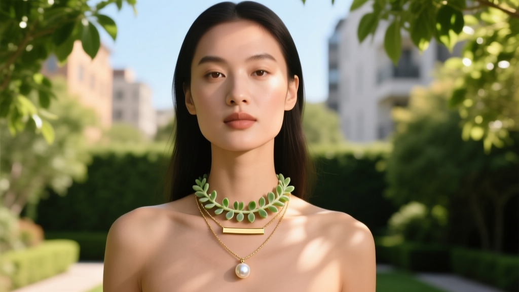 A model wearing a layered necklace stack featuring a crassula baby necklace, a minimalist gold bar, and a pearl pendant outdoors.