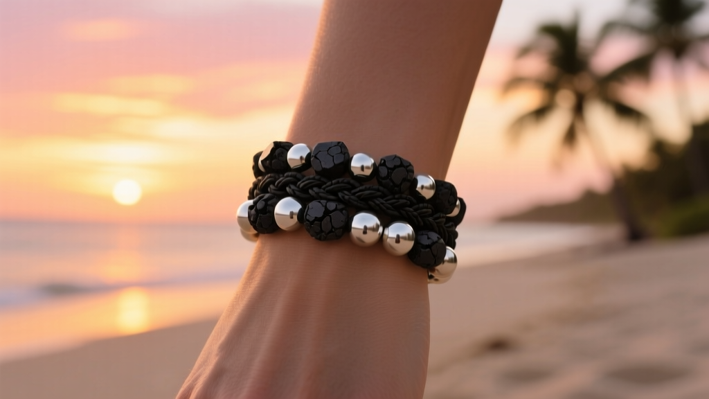 A wrist wearing a braided black lava rock and matte silver bead bracelet against a blurred tropical beach sunset with warm lighting