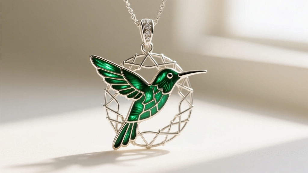 Macro shot of a champlevé enamel hummingbird pendant showing fine silver wire lines and a bright green vitreous enamel surface.
