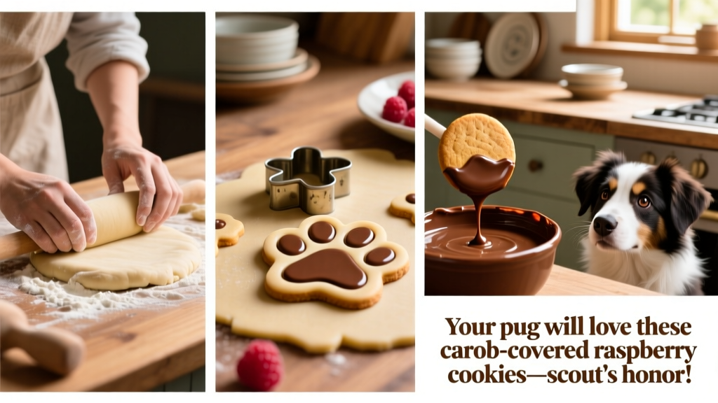 Step-by-step collage showing dough rolling, cookie cutting, and carob dipping process