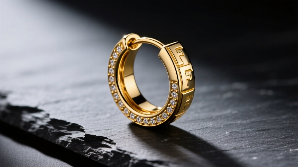 Macro shot of an 18k yellow gold UNOAEFFE hoop earring with the iconic F charm on dark slate, side-lit to highlight polished metal