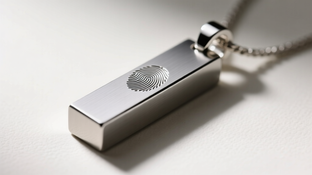Macro photography of a brushed Grade 5 titanium bar pendant with a subtle fingerprint engraving, softly lit from the side
