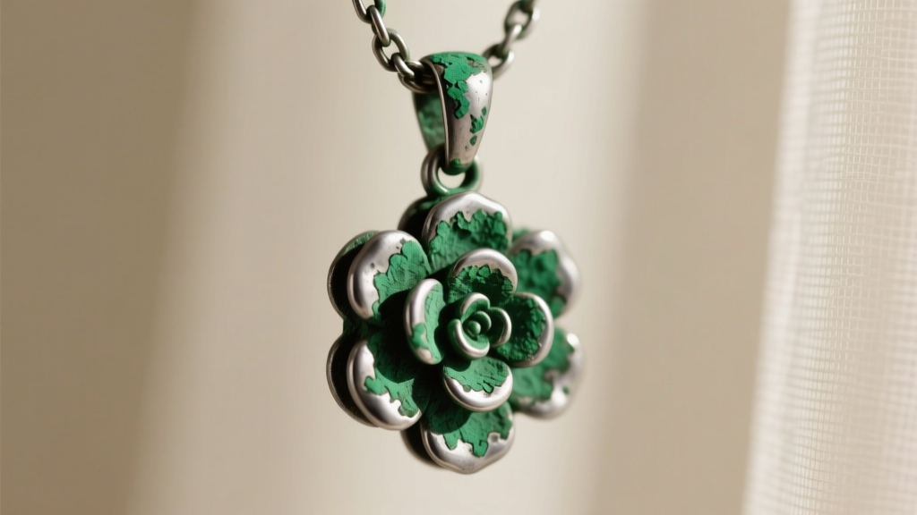 Macro photo of a tarnished zinc alloy Absolute Solver pendant showing green oxidation around the bail and chain connection.