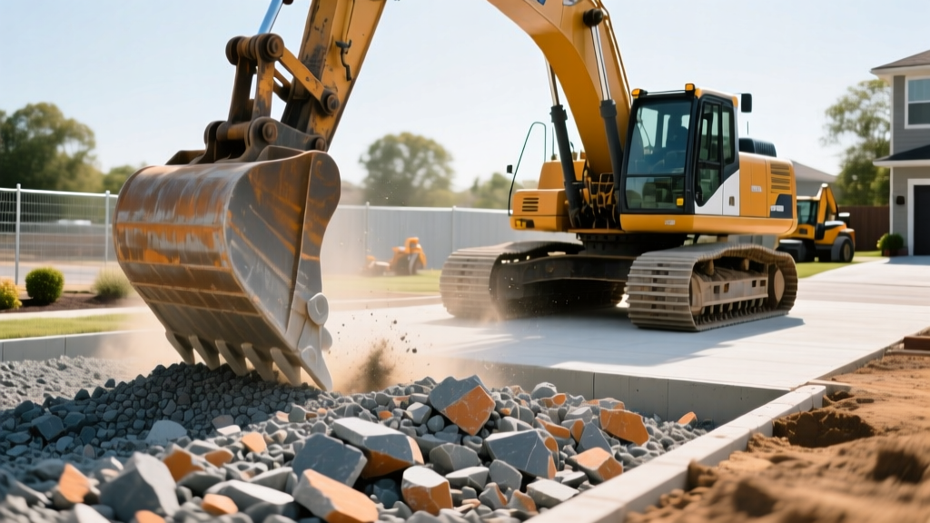 Heavy machinery compacting a thick layer of angular crushed stone gravel subbase before a concrete slab pour at a residential driveway site