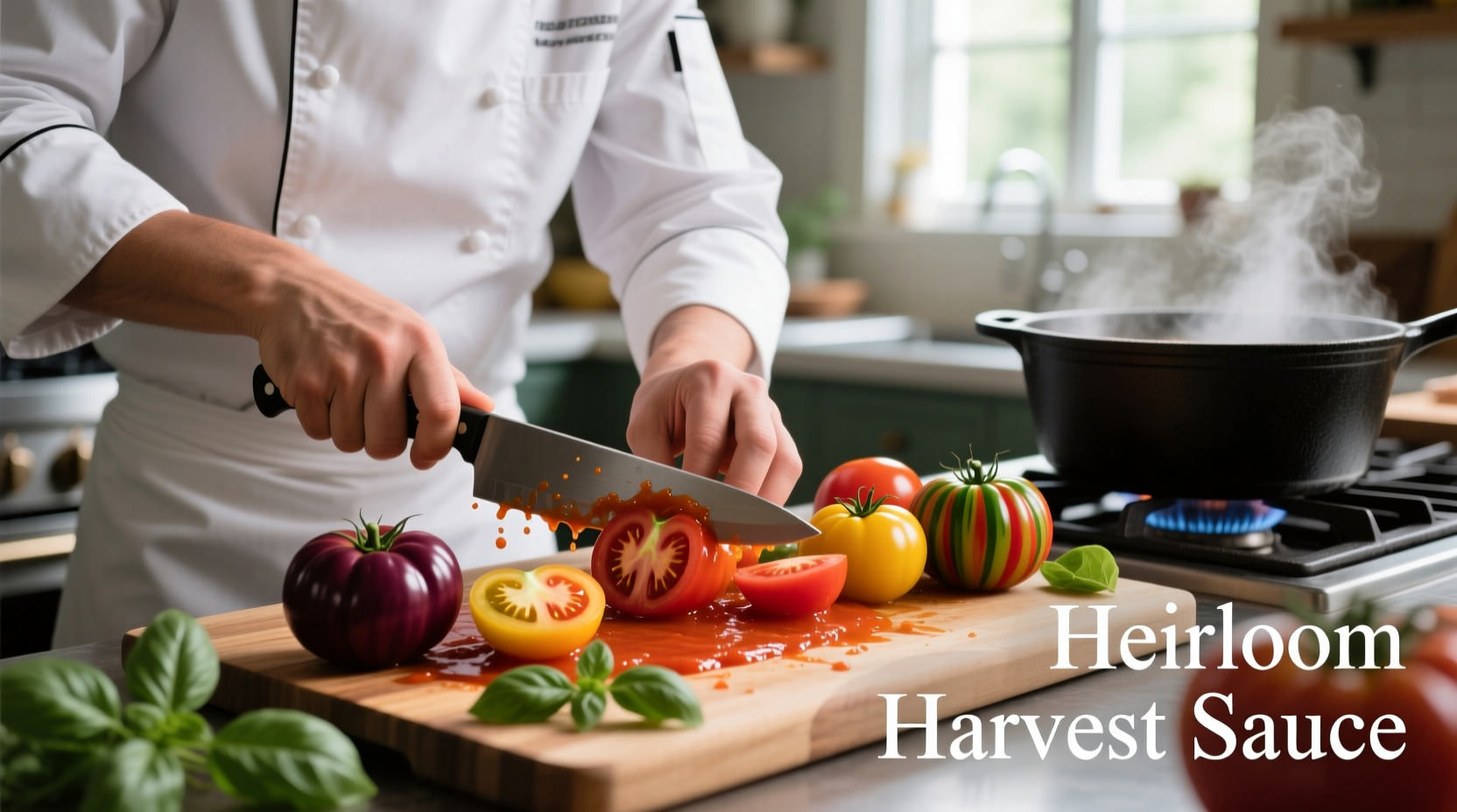 Chef preparing fresh tomato sauce with heirloom varieties