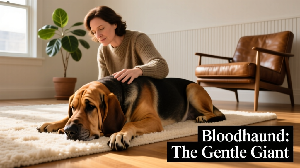 A bloodhound resting peacefully indoors beside its owner, head resting gently on a soft rug