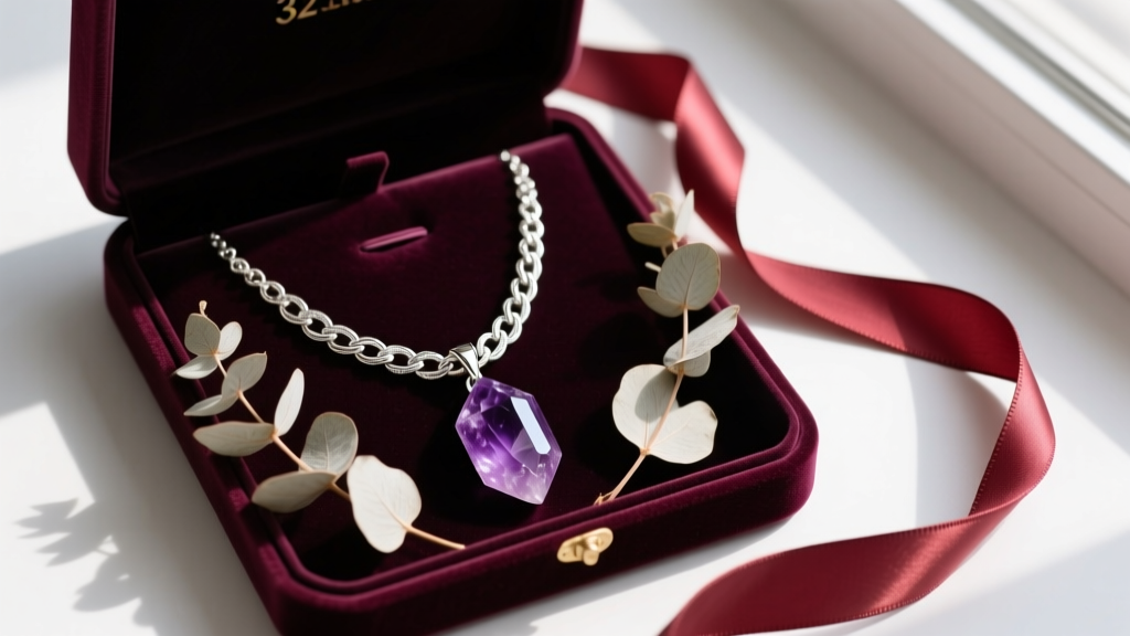 Open velvet box displaying a 32-inch lariat necklace with a raw amethyst drop, surrounded by dried eucalyptus and a silk ribbon.