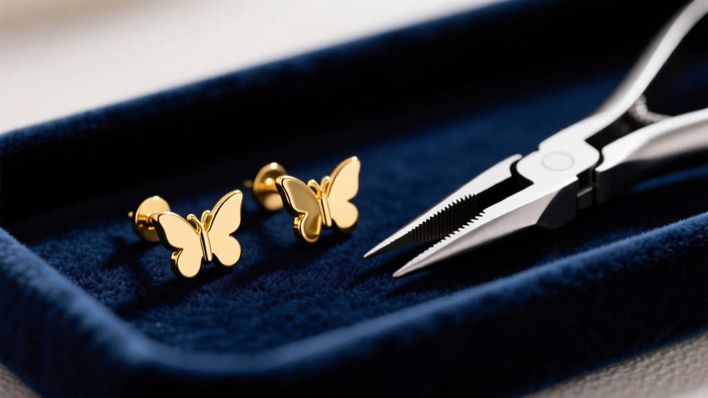 Close-up of 18-gauge gold stud earrings with loose butterfly backs on a velvet tray next to precision needle-nose pliers.