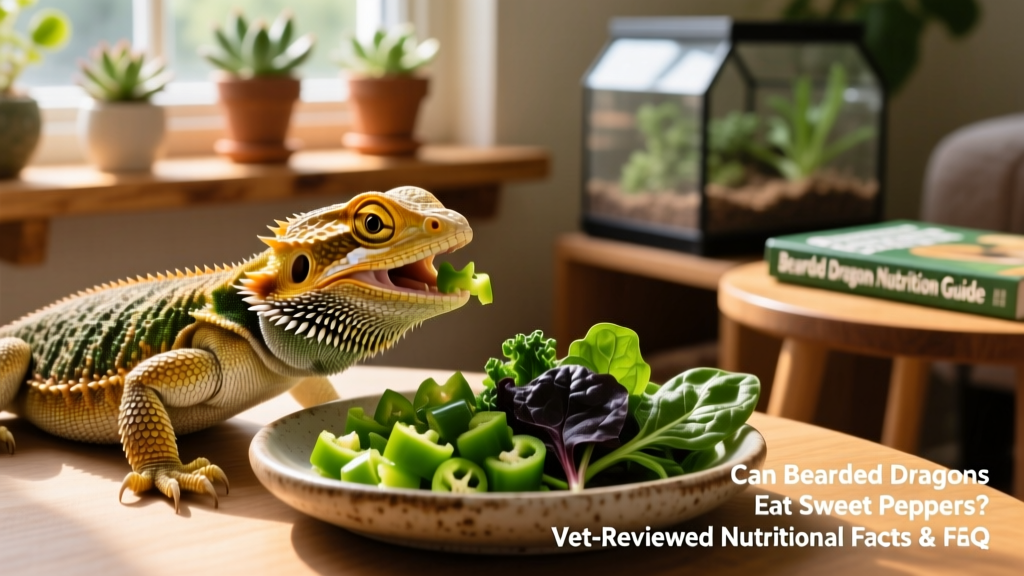 Close-up of a bearded dragon eating finely chopped green bell pepper mixed with dark leafy greens