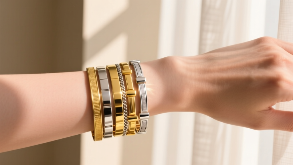Close-up of a wrist wearing layered 14k yellow gold and sterling silver bracelets in natural sunlight to reveal warm skin undertones.
