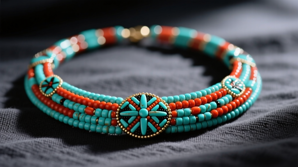 Close-up of a multi-strand Native American beaded necklace with turquoise and coral seed beads resting on dark linen fabric.