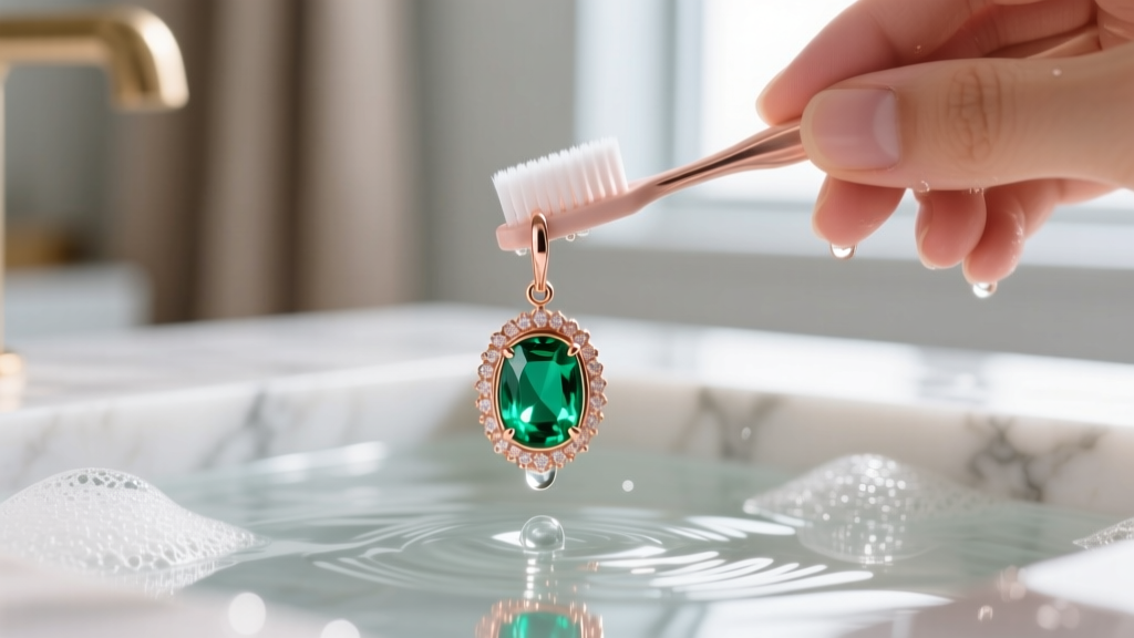 Hands gently brushing a rose gold emerald drop earring with a soft toothbrush in soapy water under bright natural window lighting.