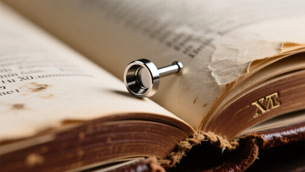 Macro photo of a 20-gauge implant-grade titanium flat back labret stud resting on an open, well-worn leather-bound Bible page