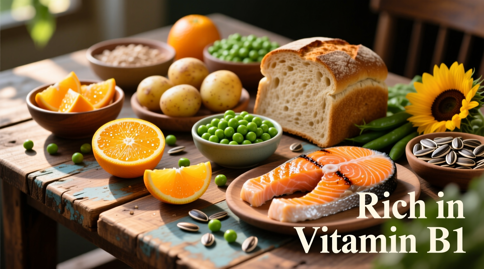 Colorful assortment of vitamin B1 rich foods on wooden table