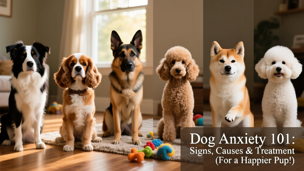 Side-by-side photos of six different dog breeds known to be prone to anxiety, including a Border Collie, Cavalier King Charles Spaniel, and German Shepherd