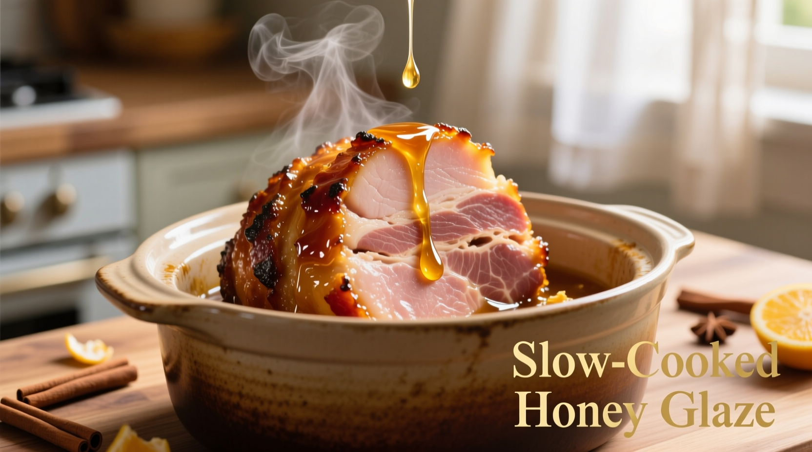 Sliced honey-glazed ham in slow cooker