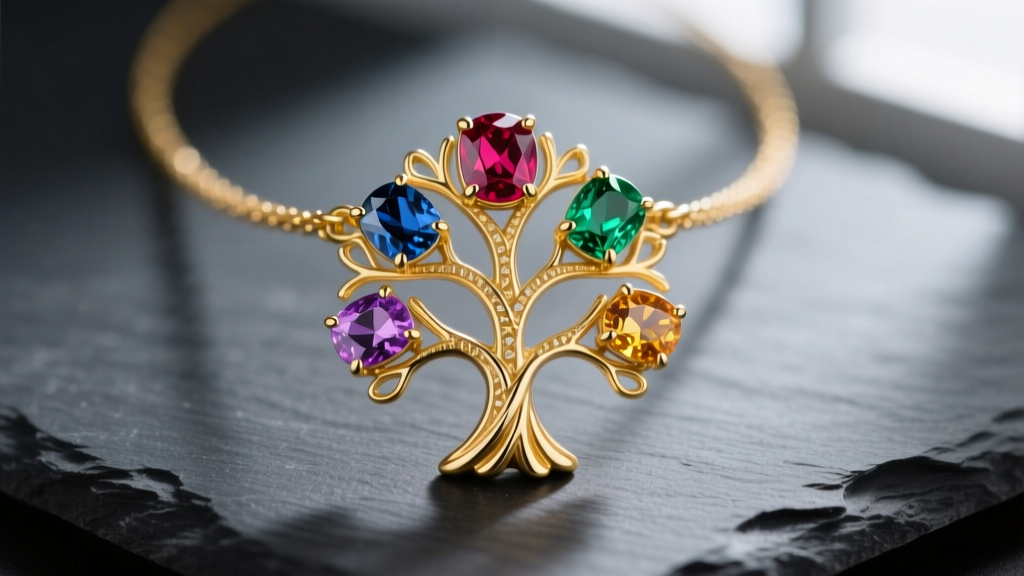 Macro shot of a 14k yellow gold family birthstone tree necklace on dark slate, with five vibrant gemstones set in the branches.