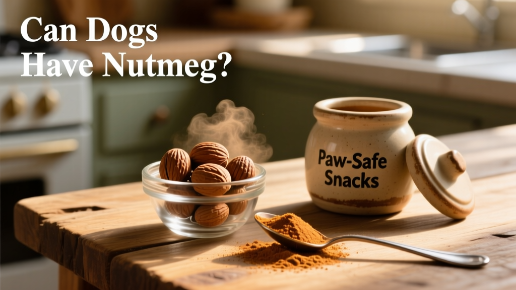 A small glass bowl containing whole nutmeg seeds and a spoonful of ground nutmeg next to a dog treat jar