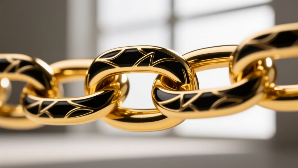 Macro shot of gold chain link with intricate black enamel guilloche detailing, showing glossy contrast against matte yellow gold.