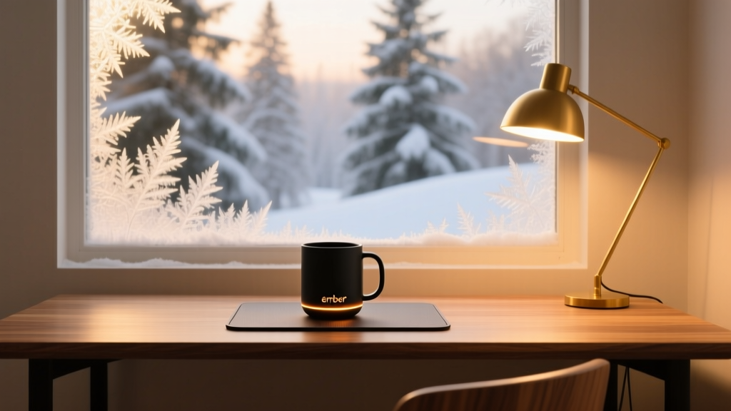 A cozy winter sunroom desk with an Ember Mug 3 resting on a heated desk mat next to a frost-edged window and warm task lighting.