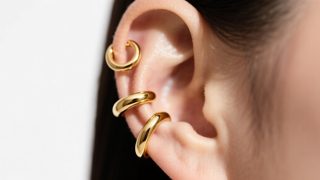 Macro photo of a curated ear stack featuring three 14k gold small hoop earrings of varying diameters on a lobe and helix