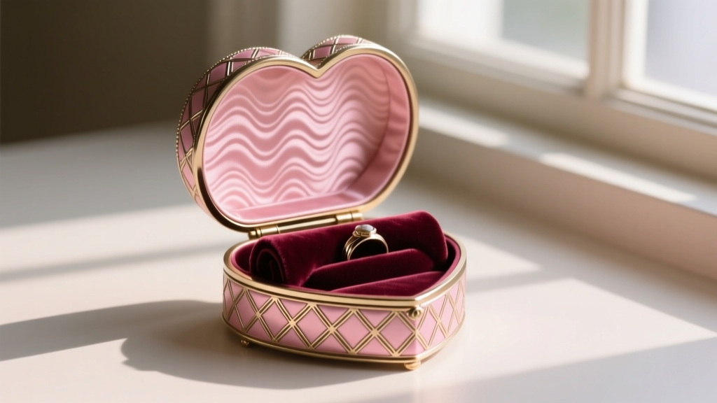 Open Art Deco guilloche vintage heart jewelry box showing the original blush pink moire silk interior lining and velvet ring roll