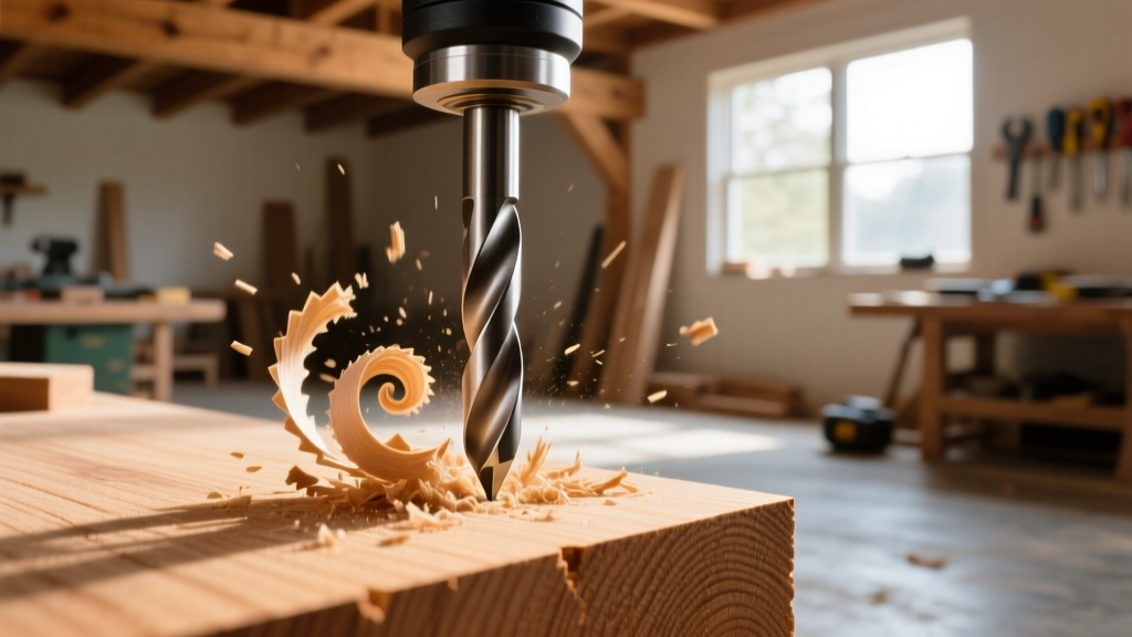 Close-up of a sharp brad point drill bit boring into a piece of oak, with clean wood shavings curling away in a well-lit workshop.