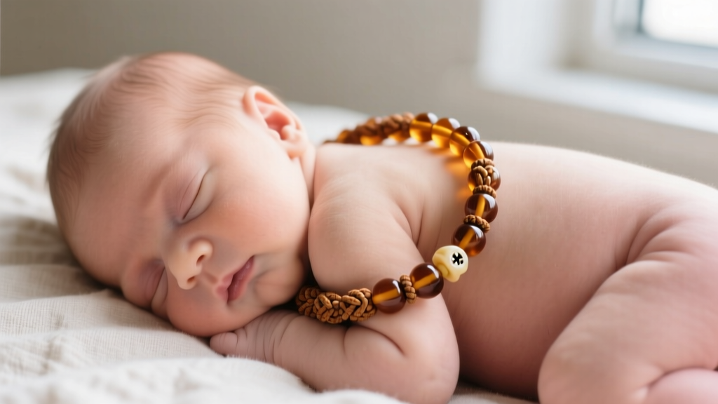 A baby wearing a cognac Baltic amber teething necklace with knotted beads and a plastic screw clasp against soft natural lighting.