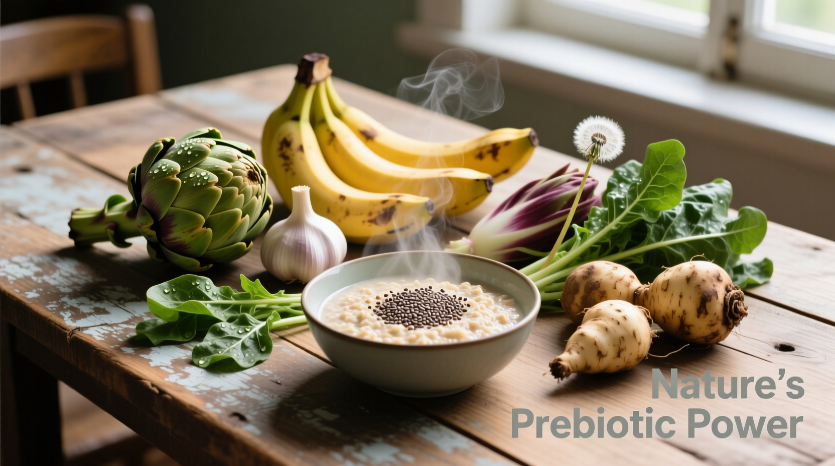 Fresh prebiotic foods on wooden table
