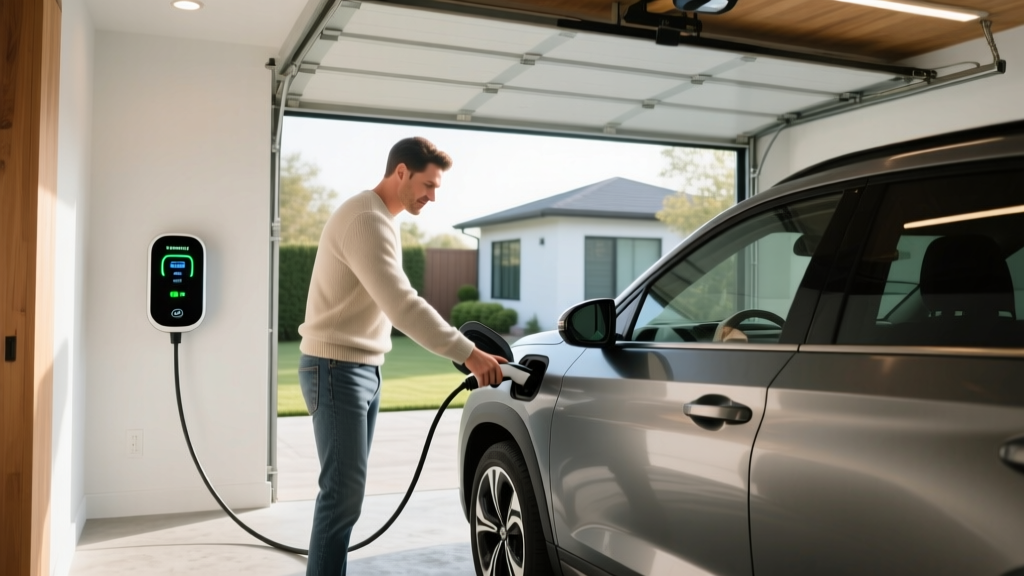 Owner plugging a Hyundai Tucson PHEV into a residential wall-mounted smart EV charger in a garage