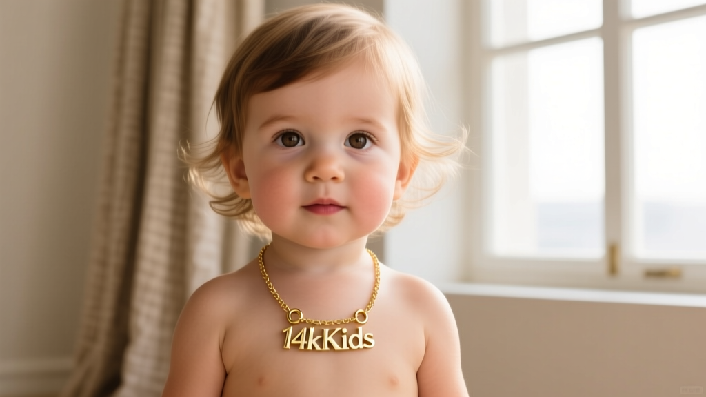 Toddler wearing a 14k gold kids name necklace with a magnetic breakaway clasp, soft lighting highlighting the polished edges