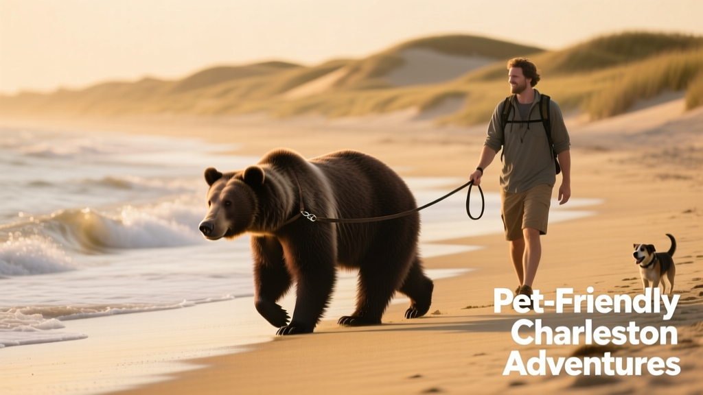 Bear trotting along the sandy shoreline of Sullivan’s Island, leash in hand, with gentle waves and dunes in the background