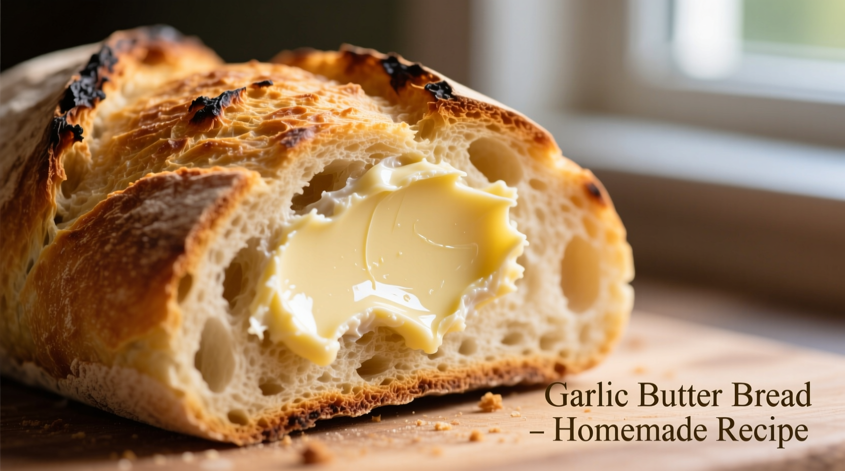 Homemade garlic butter spread on crusty bread loaf