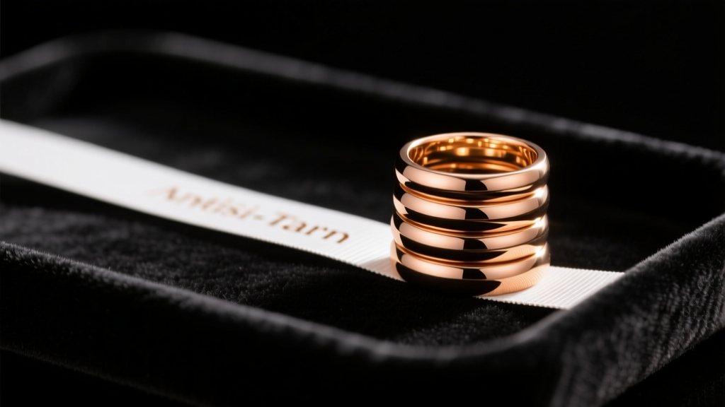 White anti-tarnish strip placed next to a stack of 18k rose gold rings on a soft black velvet tray under warm studio lighting.