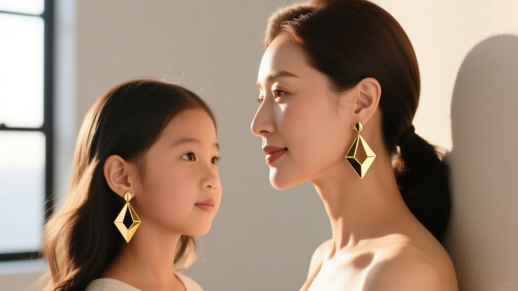 Side profile of a mother and daughter wearing complementary 14k gold geometric drop earrings in a sunlit minimalist photo studio