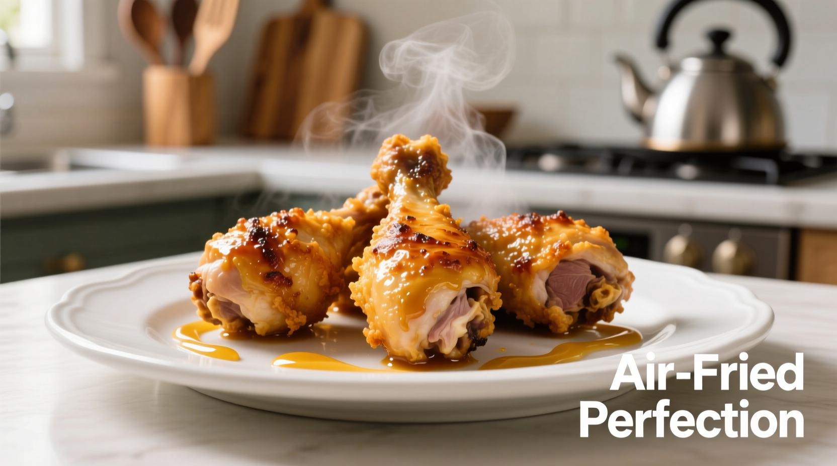 Crispy golden air fried chicken legs on white plate